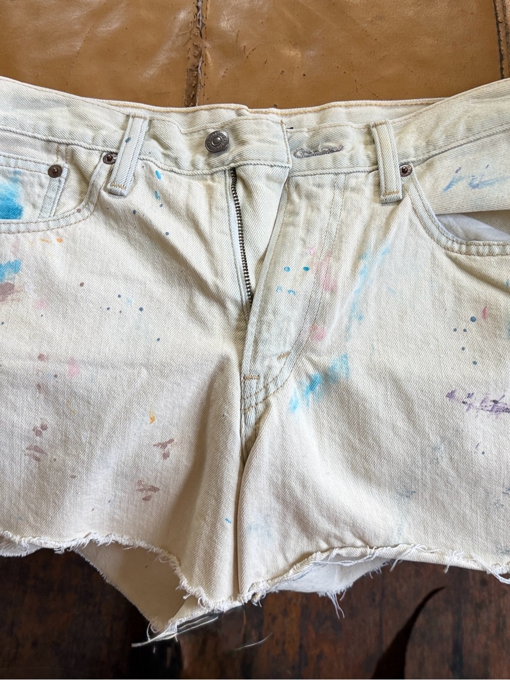 Polo by Ralph Lauren Cream Denim Jean Shorts with Paint Splatter